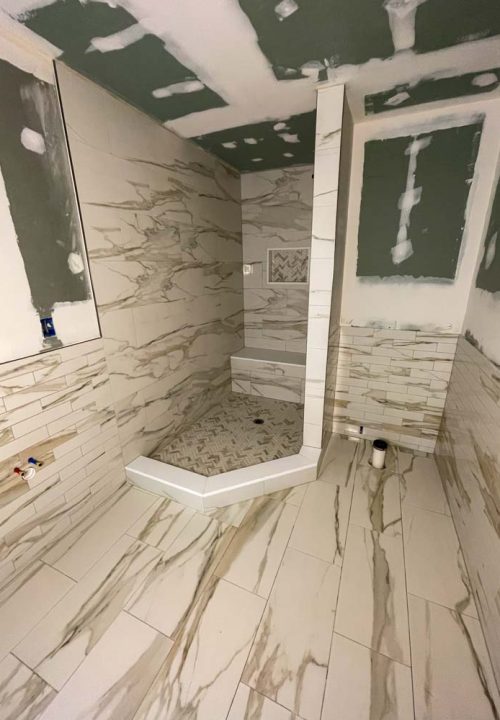 Ongoing Bathroom Remodeling Project; wall and ceiling tiles unfinished